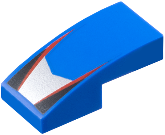 Slope, Curved 2 x 1 x 2/3 with Silver V-Shaped Center Panel, Red Stripes, Black Triangles Pattern