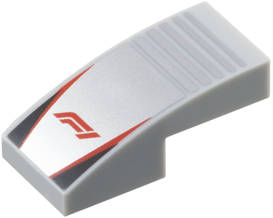 Slope, Curved 2 x 1 x 2/3 with Formula 1 Logo Stylized Red 'F1' on Silver Background with Notches, Red Stripes, Black Triangles Pattern