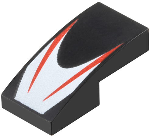 Slope, Curved 2 x 1 x 2/3 with 2 Red Stripes on White Chevron Pattern