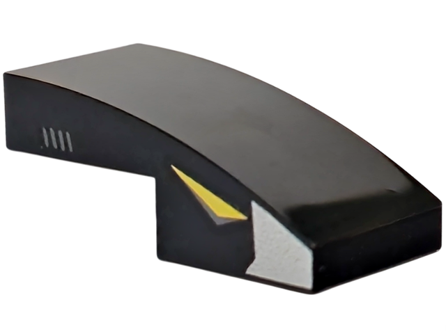 Slope, Curved 2 x 1 x 2/3 with Yellow, Silver and Dark Bluish Gray Shapes and Stripes Pattern on Both Sides (Transformers Laserbeak Eyes, Nose and Vents)