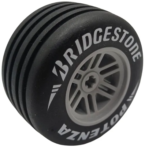 Wheel 48 x 26 with Axle Hole with Molded Black Hard Rubber Grooved Tire and Printed White 'BRIDGESTONE POTENZA', Stripes and Triangles Pattern