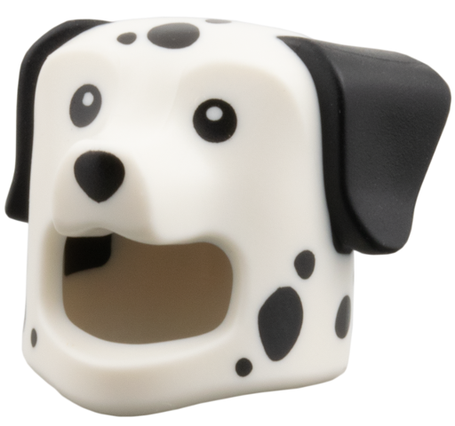 Minifigure, Headgear Head Cover, Costume Dog with Molded Black Ears, Printed Black Spots, Eyes, and Nose Pattern