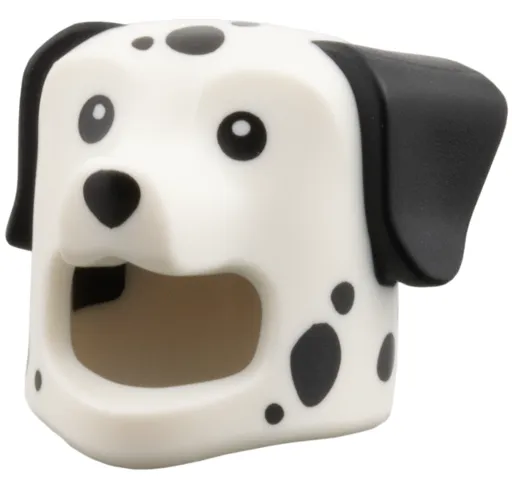 Minifigure, Headgear Head Cover, Costume Dog with Molded Black Ears, Printed Black Spots, Eyes, and Nose Pattern