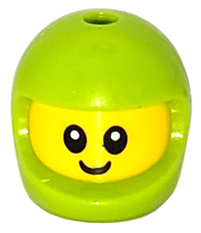 Minifigure, Head, Modified Baby / Toddler with Molded Lime Space Helmet and Printed Black Grin and Eyes with White Glints Pattern