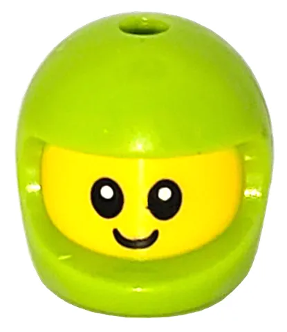 Minifigure, Head, Modified Baby / Toddler with Molded Lime Space Helmet and Printed Black Grin and Eyes with White Glints Pattern