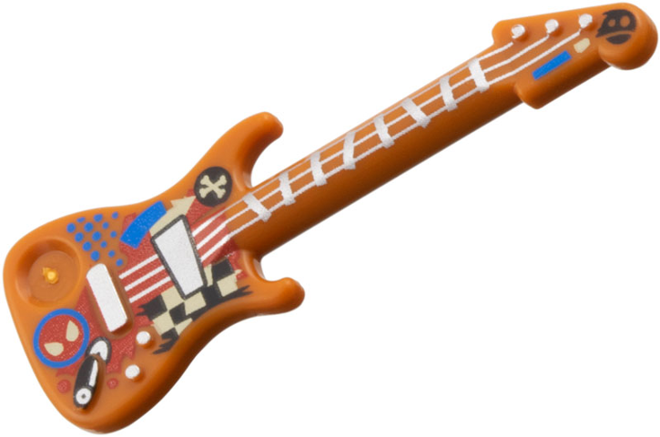 Minifigure, Utensil Musical Instrument, Guitar Electric with Silver Strings, Bridge, and Output Jack, Red and Blue Spider-Man Head, Black and Tan Checkered Pattern