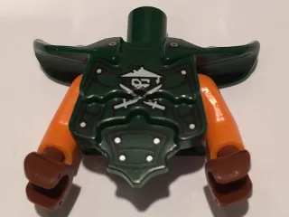 Torso, Modified Short with Armor Breastplate with Shoulder Ridges, Rivets and Ninja Skull with Crossed Swords Pattern / Orange Arms / Reddish Brown Hands