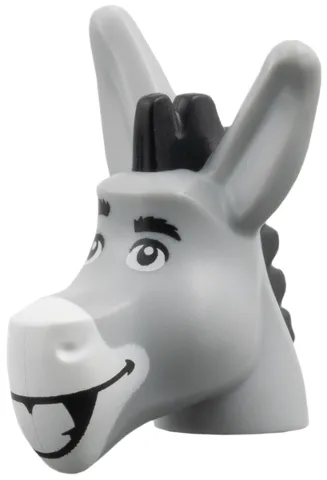 Donkey Head with Molded Black Mane and Printed Black Eyebrows, White Muzzle, Open Mouth Smile with Teeth Pattern