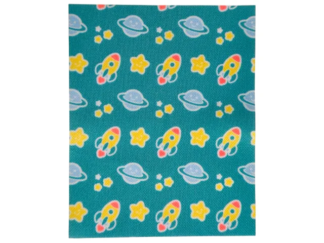 Duplo, Cloth Blanket 8 x 10 cm with Space Rockets, Stars and Planets on Dark Turquoise Background Pattern