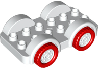 Duplo Car Base 2 x 6 with Red Tires and White Wheels on Fixed Axles