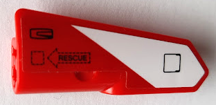 Technic, Panel Fairing #22 Very Small Smooth, Side A with Black 'RESCUE' in Arrow, Hatch, and Door Handle on Red and White Stripe Pattern (Sticker) - Set 42092