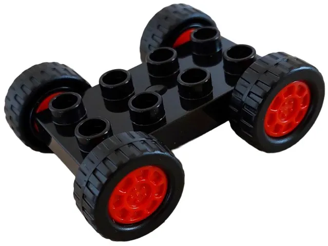 Duplo Car Base 2 x 4 with Fixed Axles, Black Tires and Red Wheels
