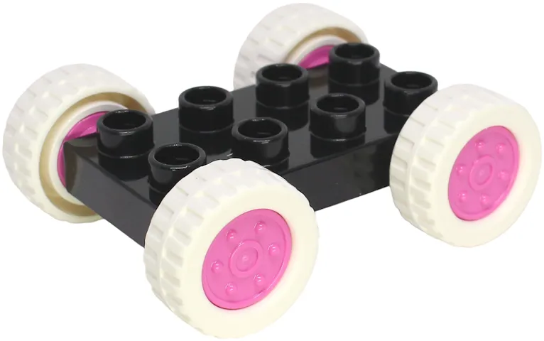 Duplo Car Base 2 x 4 with Fixed Axles, White Tires and Dark Pink Wheels