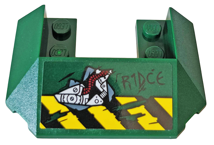 Wedge 6 x 4 Cutout (Train Roof) with 5 Large Bottom Tubes with 'R1DCE', Black and Yellow Danger Stripes and Red Gears Pattern (Sticker) - Set 76078