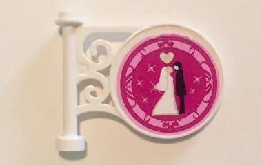 Road Sign Round on Pole with Flat Top Attachment with Bride and Groom and Silver Heart on Magenta Background Pattern (Sticker) - Set 41058