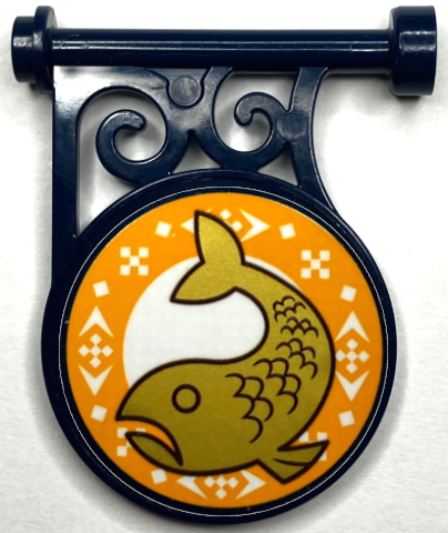 Road Sign Round on Pole with Flat Top Attachment with Gold Koi Fish, Bright Light Orange Border with White Squares and Arrows Pattern (Sticker) - Set 41167