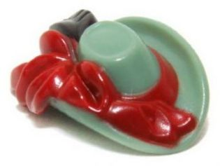 Minifigure, Hat with Small Pin, Women's Fedora with Large Red Bow and Black Feather Pattern