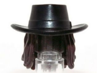 Minifigure, Hair Combo, Hat with Hair, Cowboy Gambler Style with Long Dark Brown Hair