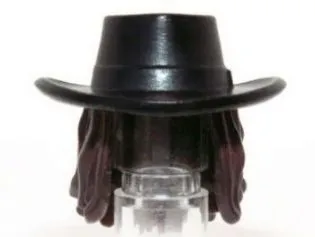 Minifigure, Hair Combo, Hat with Hair, Cowboy Gambler Style with Long Dark Brown Hair