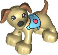 Duplo Dog with Black Eyes and Nose, Medium Nougat Ears and Tail, Medium Azure Harness with Coral Hearts Pattern