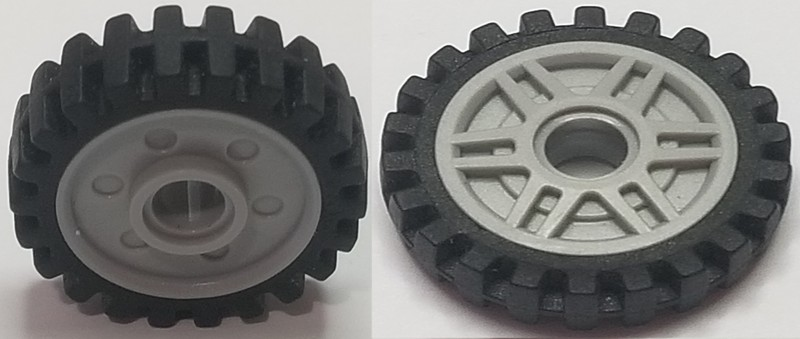 Wheel 18mm D. x 8mm with Fake Bolts and Deep Spokes with Inner Ring with Black Tire 24mm D. x 7mm Matching Tread - Band Around Center of Tread (13971 / 61254b)