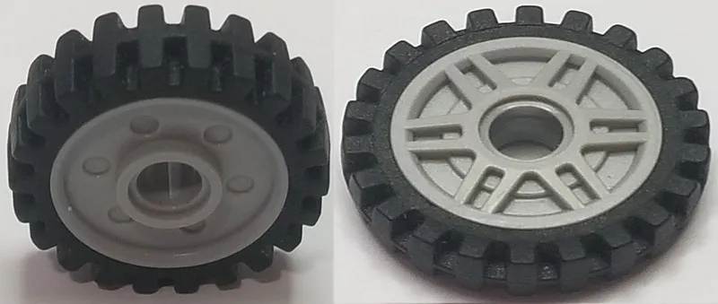 Wheel 18mm D. x 8mm with Fake Bolts and Deep Spokes with Inner Ring with Black Tire 24mm D. x 7mm Matching Tread - Band Around Center of Tread (13971 / 61254b)