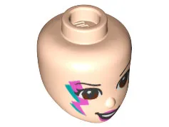 Mini Doll, Head Friends with Reddish Brown Eyes and Dark Pink Lips, Lopsided Smile, and Dark Azure and Dark Pink Lightning Bolt Face Paint Pattern