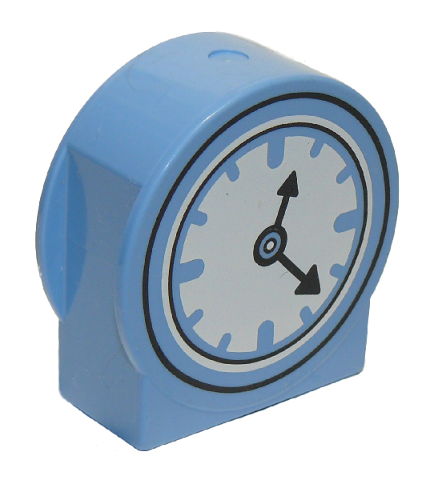 Duplo, Brick 1 x 2 x 2 Round Top, Cut Away Sides with White Clock Face with Black Hands Pattern