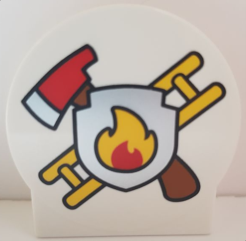 Duplo, Brick 1 x 2 x 2 Round Top, Cut Away Sides with Crossed Fire Axe and Yellow Ladder Behind Silver Shield with Flames Pattern
