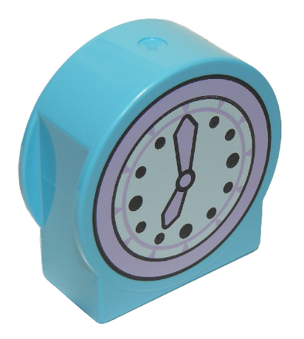Duplo, Brick 1 x 2 x 2 Round Top, Cut Away Sides with White Clock Face with Lavender Hands and Bezel Pattern