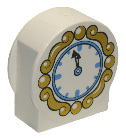 Duplo, Brick 1 x 2 x 2 Round Top, Cut Away Sides with Clock Face with Black Hands, Medium Blue Bezel, and Ornate Gold Frame Pattern