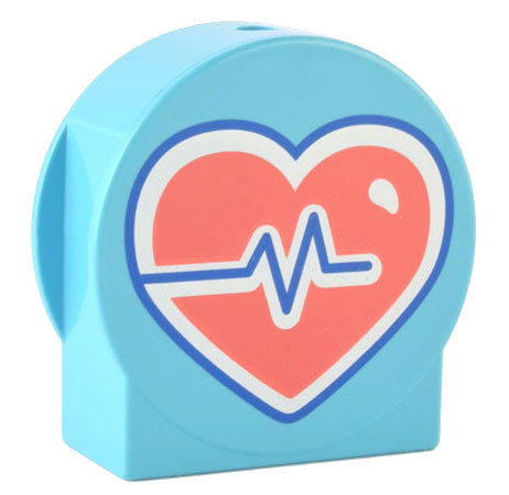 Duplo, Brick 1 x 2 x 2 Round Top, Cut Away Sides with Coral and White Heart with Blue Heartbeat Line Pattern