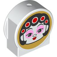 Duplo, Brick 1 x 2 x 2 Round Top, Cut Away Sides with Female Head with Black Hair, Bright Pink Eye Shadow, and Red Lips / Male Head with Mask on Gold Background on Opposite Sides Pattern