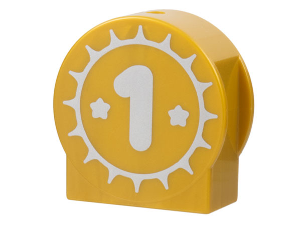Duplo, Brick 1 x 2 x 2 Round Top, Cut Away Sides with Silver Sun, Stars, and Number 1 Pattern