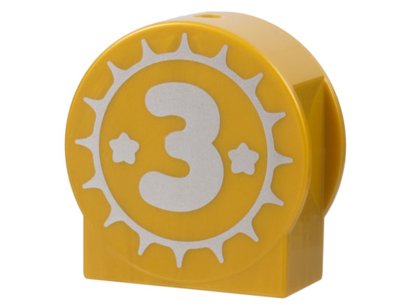 Duplo, Brick 1 x 2 x 2 Round Top, Cut Away Sides with Silver Sun, Stars, and Number 3 Pattern