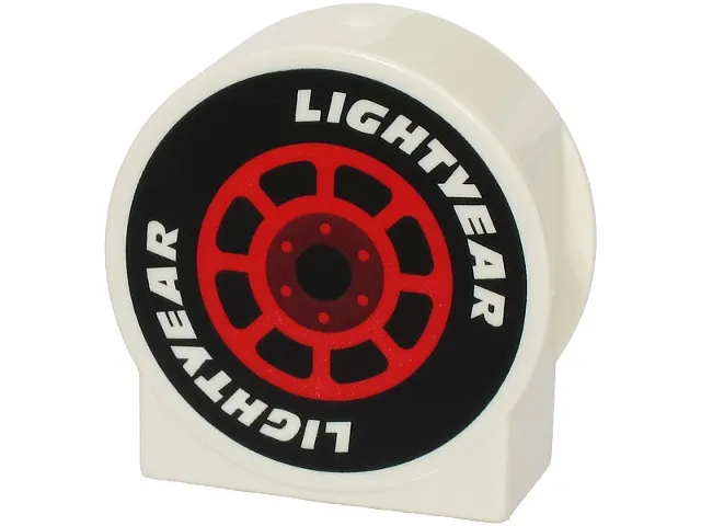 Duplo, Brick 1 x 2 x 2 Round Top, Cut Away Sides with Red and Dark Red Wheel, Black Tire, and 'LIGHTYEAR' Pattern