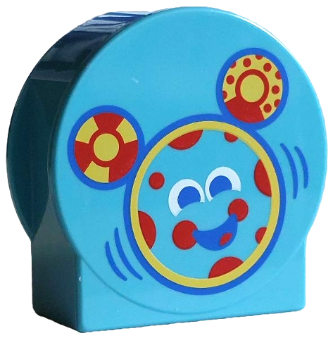 Duplo, Brick 1 x 2 x 2 Round Top, Cut Away Sides with Mouse Face, Red and Yellow Circles, Blue and White Eyes and Mouth Pattern