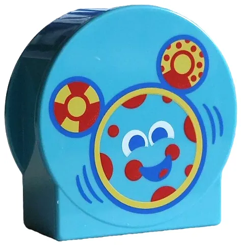 Duplo, Brick 1 x 2 x 2 Round Top, Cut Away Sides with Mouse Face, Red and Yellow Circles, Blue and White Eyes and Mouth Pattern
