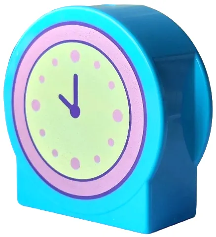 Duplo, Brick 1 x 2 x 2 Round Top, Cut Away Sides with Yellowish Green Clock Face with Dark Purple Hands and Metallic Pink Bezel Pattern