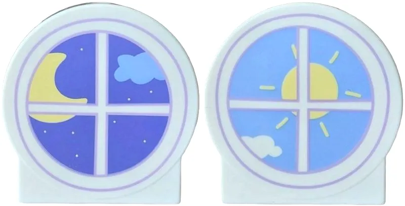 Duplo, Brick 1 x 2 x 2 Round Top, Cut Away Sides with Round Window, Medium Lavender Outline, Bright Light Yellow Crescent Moon, Medium Blue Cloud, Blue Violet Sky with Stars, Sun and Cloud  with Bright Light Blue Sky on Back Pattern