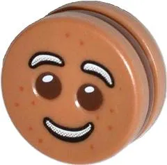 Minifigure, Head, Modified Cookie Shape with Fixed Reddish Brown Filling with Eyes, White Icing Eyebrows and Smile, and Dark Orange Dots Pattern