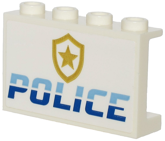 Panel 1 x 4 x 2 with Side Supports - Hollow Studs with Bright Light Blue and Blue 'POLICE' and Gold Star Badge Logo Pattern (Sticker) - Sets 60245 / 60246