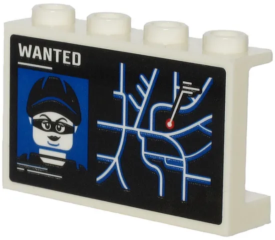 Panel 1 x 4 x 2 with Side Supports - Hollow Studs with White 'WANTED', Minifigure on Wanted Poster and City Map Pattern (Sticker) - Set 60245
