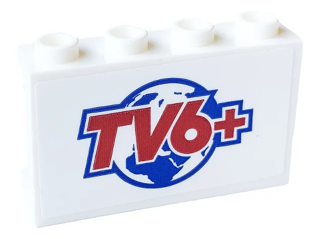 Panel 1 x 4 x 2 with Side Supports - Hollow Studs with Red 'TV6+' and Globe Pattern (Sticker) - Set 60233