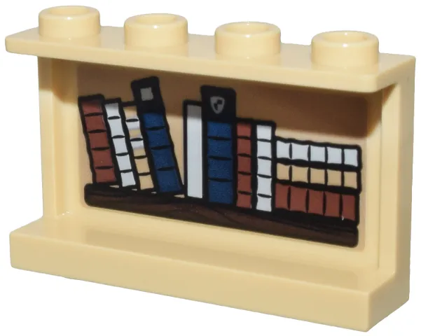 Panel 1 x 4 x 2 with Side Supports - Hollow Studs with Wooden Shelf with 11 Dark Blue, Dark Tan, Light Bluish Gray and Reddish Brown Books Pattern on Inside (Sticker) - Set 76385