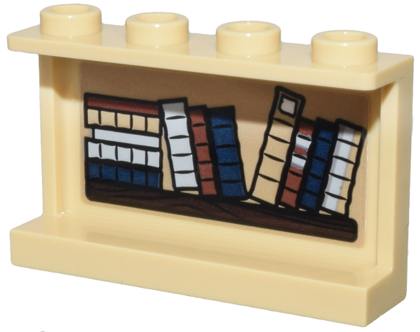 Panel 1 x 4 x 2 with Side Supports - Hollow Studs with Wooden Shelf with 12 Dark Blue, Dark Tan, Light Bluish Gray and Reddish Brown Books Pattern on Inside (Sticker) - Set 76385