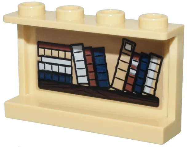 Panel 1 x 4 x 2 with Side Supports - Hollow Studs with Wooden Shelf with 12 Dark Blue, Dark Tan, Light Bluish Gray and Reddish Brown Books Pattern on Inside (Sticker) - Set 76385