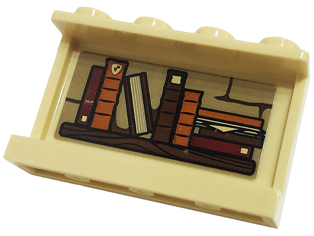 Panel 1 x 4 x 2 with Side Supports - Hollow Studs with Wooden Shelf with 9 Dark Orange, Dark Red and Reddish Brown Books Pattern on Inside (Sticker) - Set 76382