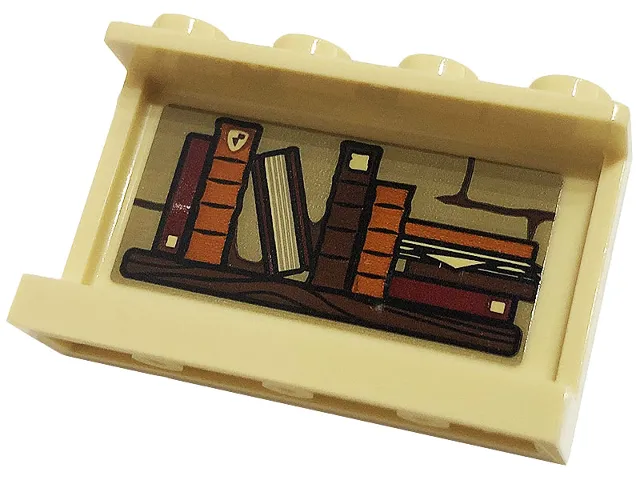 Panel 1 x 4 x 2 with Side Supports - Hollow Studs with Wooden Shelf with 9 Dark Orange, Dark Red and Reddish Brown Books Pattern on Inside (Sticker) - Set 76382