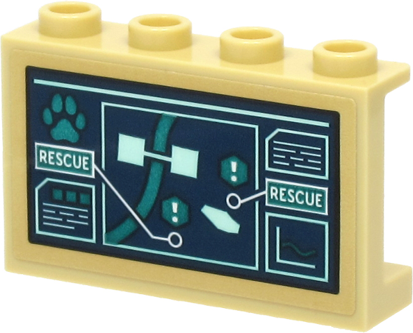 Panel 1 x 4 x 2 with Side Supports - Hollow Studs with Dark Blue Screen with 'RESCUE', Map, Paw Print, Text and Chart Pattern (Sticker) - Set 60307